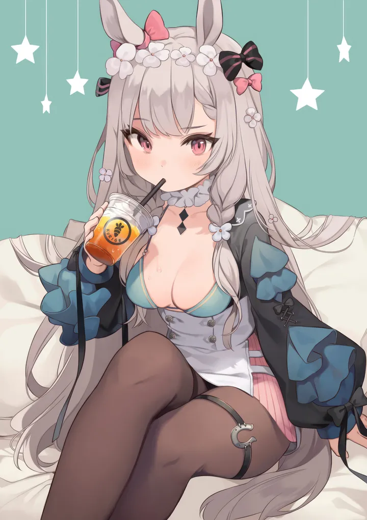 1girl,braid,medium_breasts,breasts,cleavage,animal_ears,bangs,solo,feet_out_of_frame,drinking_straw,drinking,sitting,thigh_strap,hair_flower,hair_ornament,tail,very_long_hair,holding_cup,holding,star_symbol,cup,pillow,brown_pantyhose,grey_hair,white_flower,looking_at_viewer,skirt,vertical,pink_eyes,red_eyes,blush,bow,hair_bow,pantyhose,collarbone,long_hair,long_sleeves,choker,drink,disposable_cup,horse_girl,horse_tail,horse_ears,flower,black_pantyhose