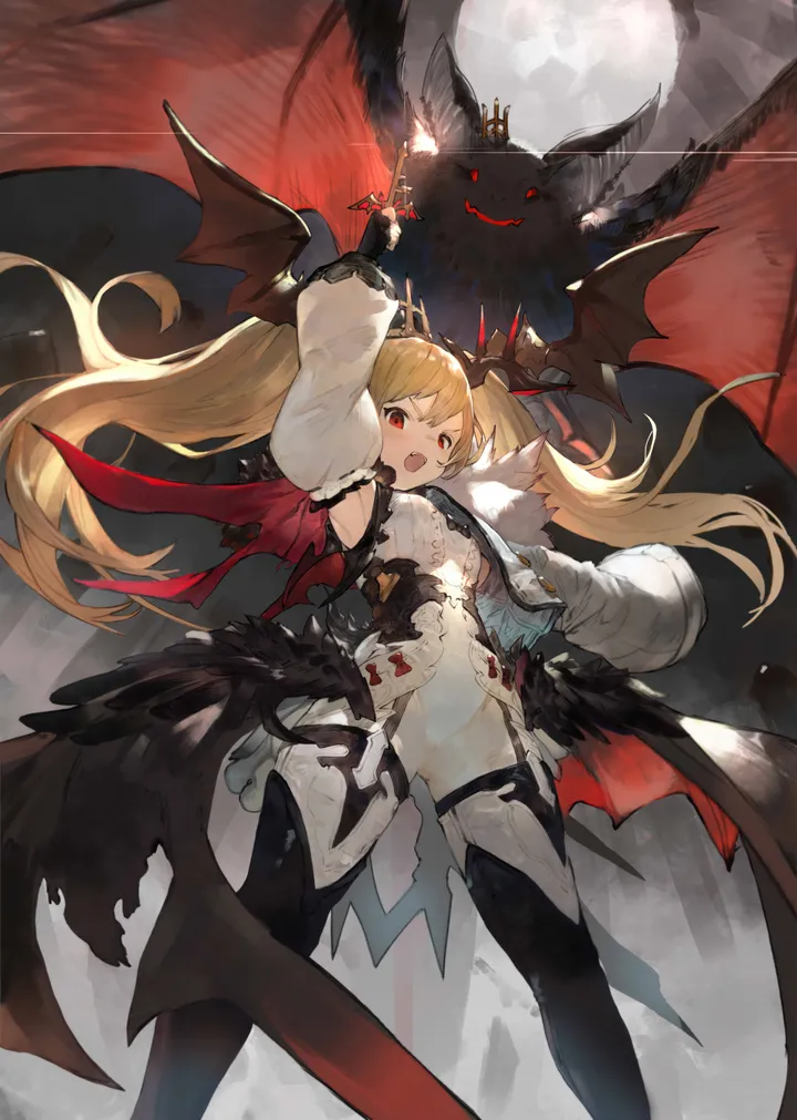 1girl,detached_sleeves,arm_up,breasts,bangs,solo,twintails,fangs,head_wings,open_mouth,very_long_hair,gloves,cape,holding,moon,ass_visible_through_thighs,fur_trim,crown,looking_at_viewer,vertical,standing,smile,red_eyes,wings,armpits,puffy_sleeves,fang,candle,bat_animal,bat_wings,small_breasts,thighhighs,bodysuit,blonde_hair,long_hair,black_gloves