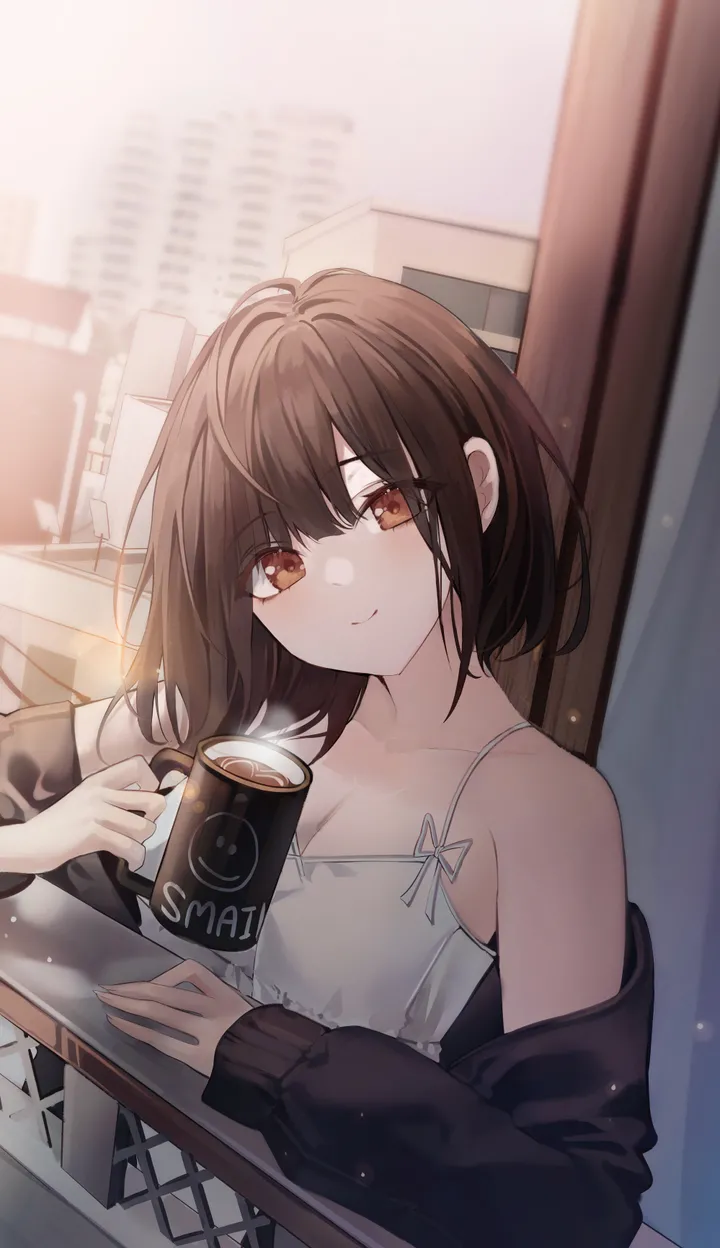 1girl,medium_hair,breasts,cleavage,upper_body,bangs,solo,coffee,coffee_mug,closed_mouth,jacket,camisole,indoors,building,holding_cup,holding,sleeveless,cup,railing,table,brown_hair,brown_eyes,white_camisole,white_dress,looking_at_viewer,short_hair,window,vertical,smile,spaghetti_strap,steam,open_jacket,open_clothes,dress,collarbone,long_sleeves,balcony,bare_shoulders,off_shoulder,mug,black_jacket