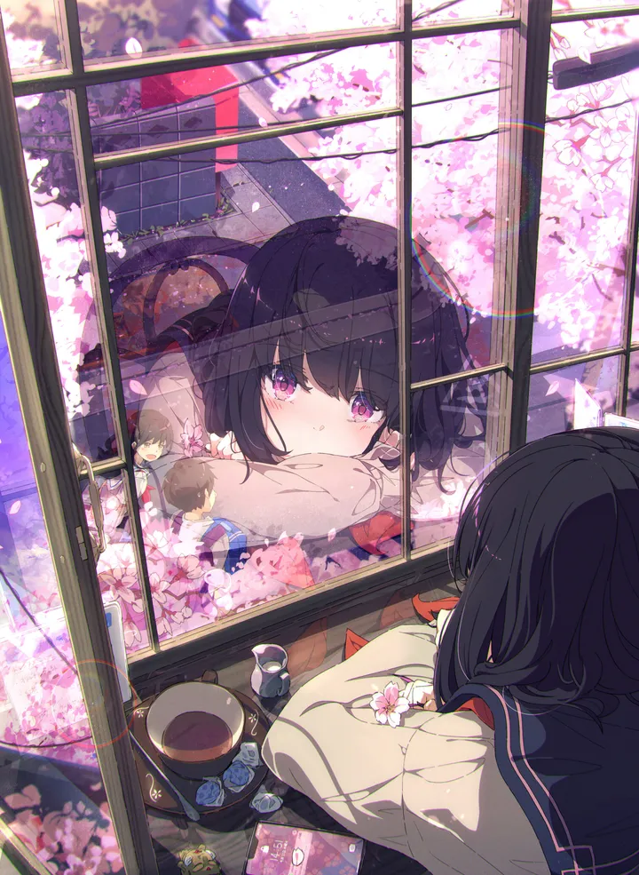 1boy,2girls,bangs,reflection,looking_outside,multiple_girls,indoors,cup,school_uniform,cherry_blossoms,serafuku,sailor_collar,short_hair,window,vertical,pink_flower,purple_eyes,blush,petals,teacup,shirt,long_hair,long_sleeves,flower,black_hair