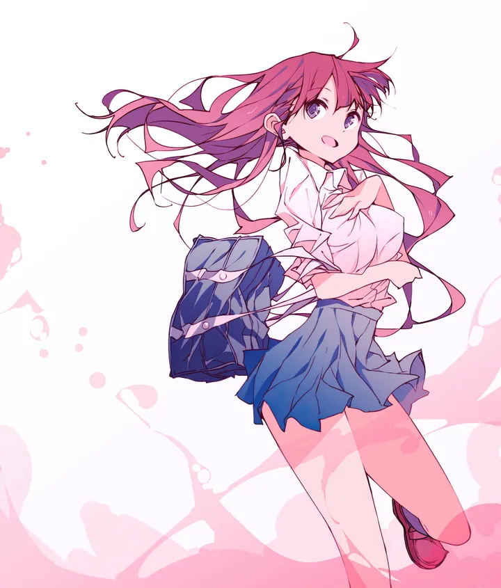 1girl,school_bag,bag,solo,open_mouth,hand_on_own_chest,simple_background,school_uniform,white_background,white_shirt,pleated_skirt,looking_at_viewer,skirt,vertical,standing,smile,purple_eyes,red_hair,blue_skirt,shirt,socks,long_hair,shoes