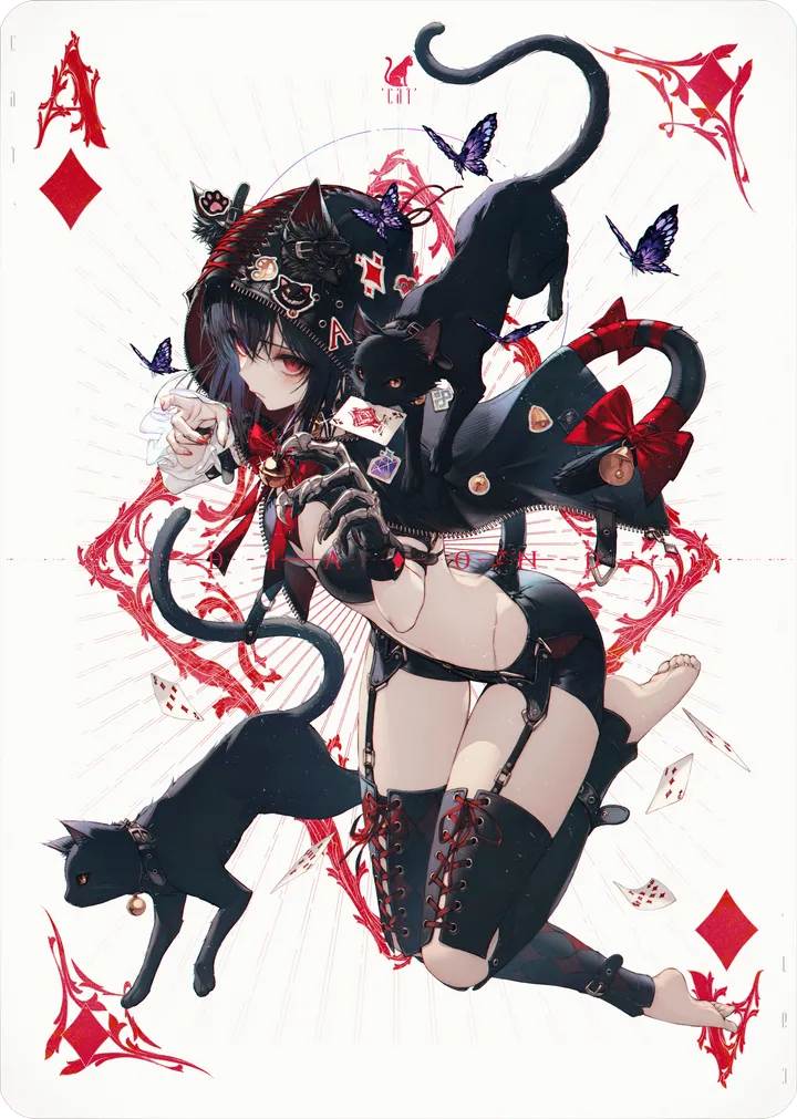 1girl,breasts,cleavage,hood,full_body,animal_ears,underwear,bangs,animal,solo,card,garter_straps,tail,tail_ornament,tail_bow,hair_between_eyes,heart,hood_up,gloves,playing_card,nail_polish,fingerless_gloves,cat,cat_girl,cat_tail,cat_ears,jingle_bell,white_background,looking_at_viewer,short_hair,shorts,vertical,short_shorts,red_nails,red_eyes,red_bow,navel,bug,butterfly,bow,barefoot,thighhighs,bell,midriff,black_hair,black_cat,black_shorts,black_thighhighs