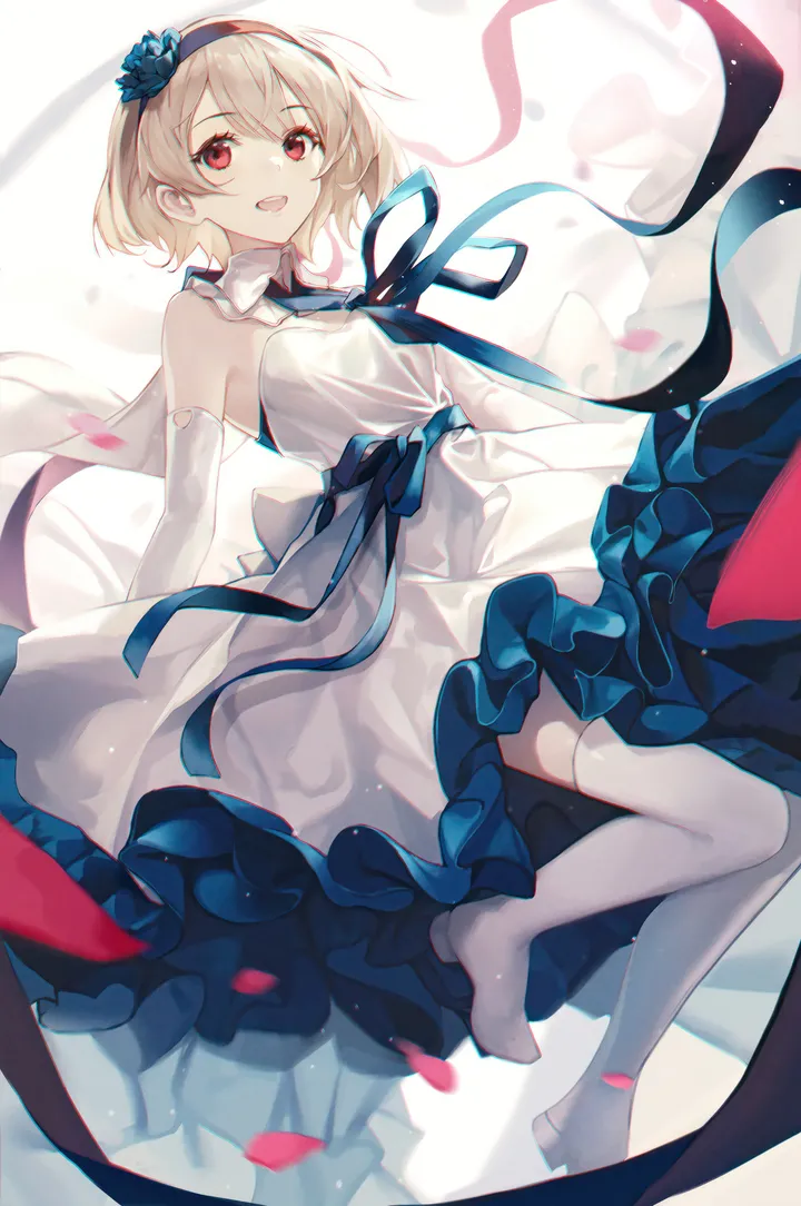 1girl,ribbon,upper_teeth_only,bangs,solo,hairband,hair_flower,hair_ornament,open_mouth,gloves,sleeveless_dress,no_shoes,teeth,rose,white_gloves,white_thighhighs,white_dress,looking_at_viewer,short_hair,vertical,smile,red_eyes,petals,frills,frilled_dress,blue_ribbon,blue_flower,thighhighs,dress,blonde_hair,elbow_gloves,bare_shoulders,neck_ribbon,flower