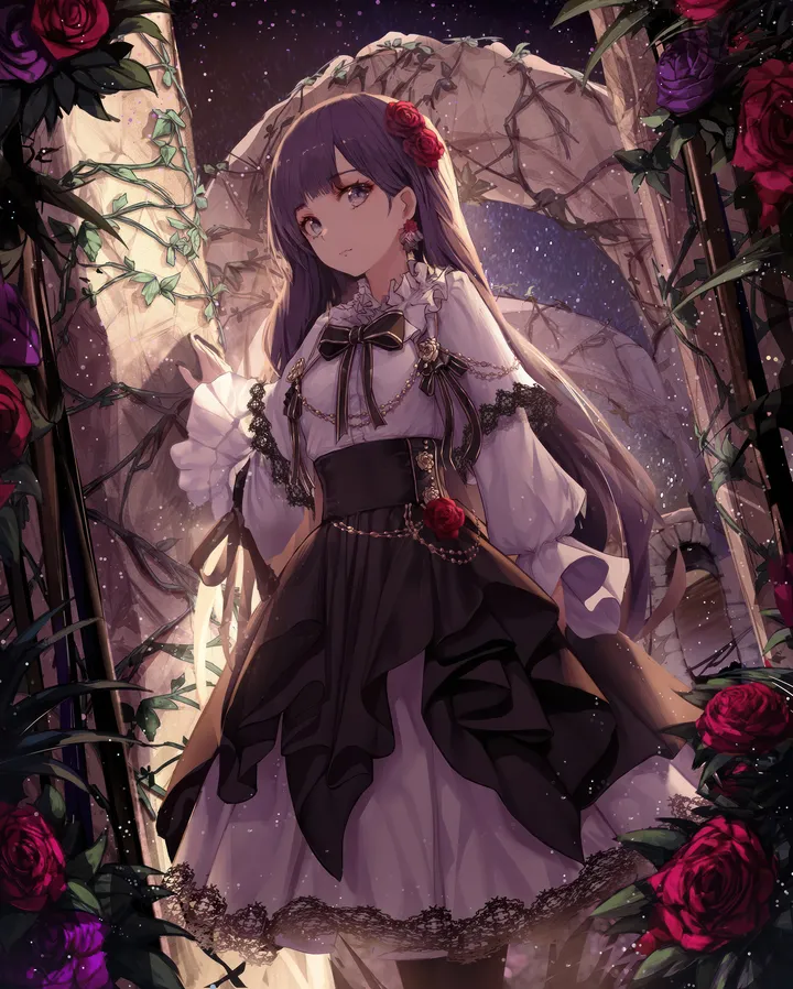 1girl,ribbon,bangs,solo,closed_mouth,night,hair_flower,hair_ornament,very_long_hair,hand_up,star_sky,plant,lolita_fashion,grey_eyes,rose,jewelry,white_shirt,looking_at_viewer,skirt,vertical,standing,purple_hair,red_rose,red_flower,earrings,frills,lace,lace_trim,vines,bow,shirt,pantyhose,long_hair,long_sleeves,high-waist_skirt,flower,black_skirt,black_bow