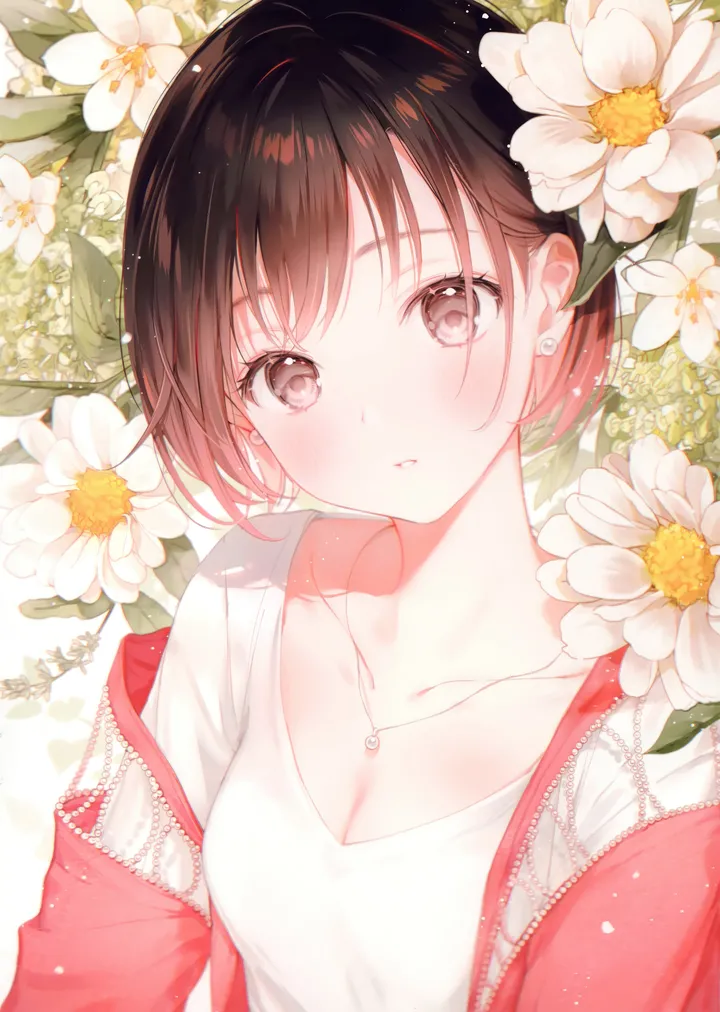 1girl,medium_breasts,breasts,cleavage,upper_body,bangs,solo,jacket,parted_lips,brown_hair,brown_eyes,head_tilt,jewelry,white_flower,white_shirt,looking_at_viewer,short_hair,vertical,red_jacket,earrings,blush,shirt,open_jacket,open_clothes,small_breasts,collarbone,off_shoulder,necklace,flower