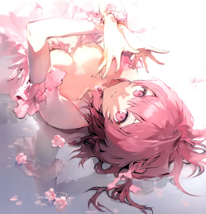 1girl,braid,medium_breasts,breasts,cleavage,on_back,bangs,solo,reflection,closed_mouth,hair_between_eyes,looking_at_viewer,vertical,smile,pink_theme,pink_hair,pink_eyes,pink_flower,pink_dress,petals,lying,dress,collarbone,bare_shoulders,off-shoulder_dress,choker,flower