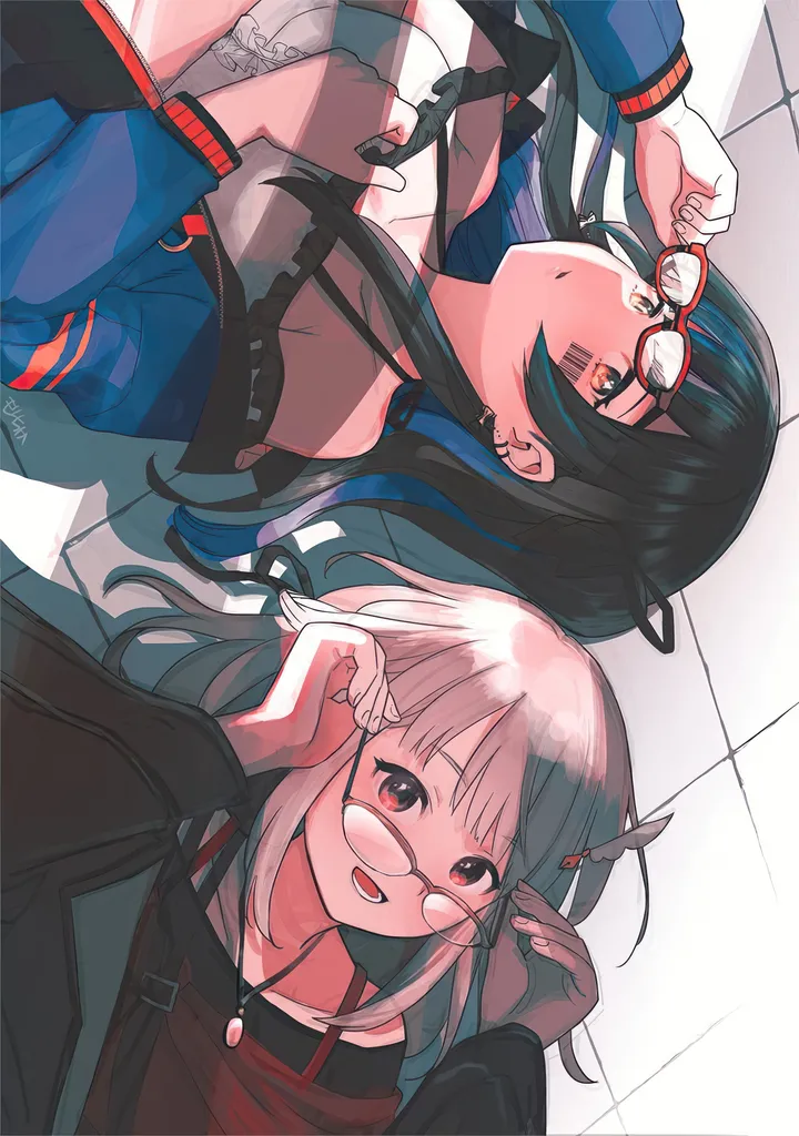 2girls,breasts,on_back,bangs,multiple_girls,multicolored_hair,jacket,open_mouth,adjusting_eyewear,holding_eyewear,barcode,brown_eyes,grey_hair,jewelry,tiles,white_hair,looking_at_viewer,glasses,vertical,smile,red_eyes,blue_hair,blue_jacket,lying,collarbone,long_hair,long_sleeves,off_shoulder,necklace,black_hair,black_jacket