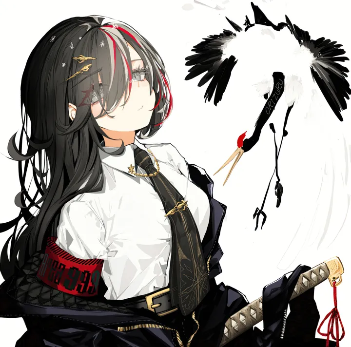 1girl,breasts,upper_body,bangs,sword,solo,closed_mouth,multicolored_hair,hair_ornament,hair_over_one_eye,jacket,streaked_hair,katana,collared_shirt,simple_background,weapon,grey_eyes,white_background,white_shirt,belt,looking_at_viewer,vertical,red_hair,shirt,armband,open_clothes,eyes_visible_through_hair,long_hair,off_shoulder,necktie,bird,black_hair,black_jacket,black_necktie