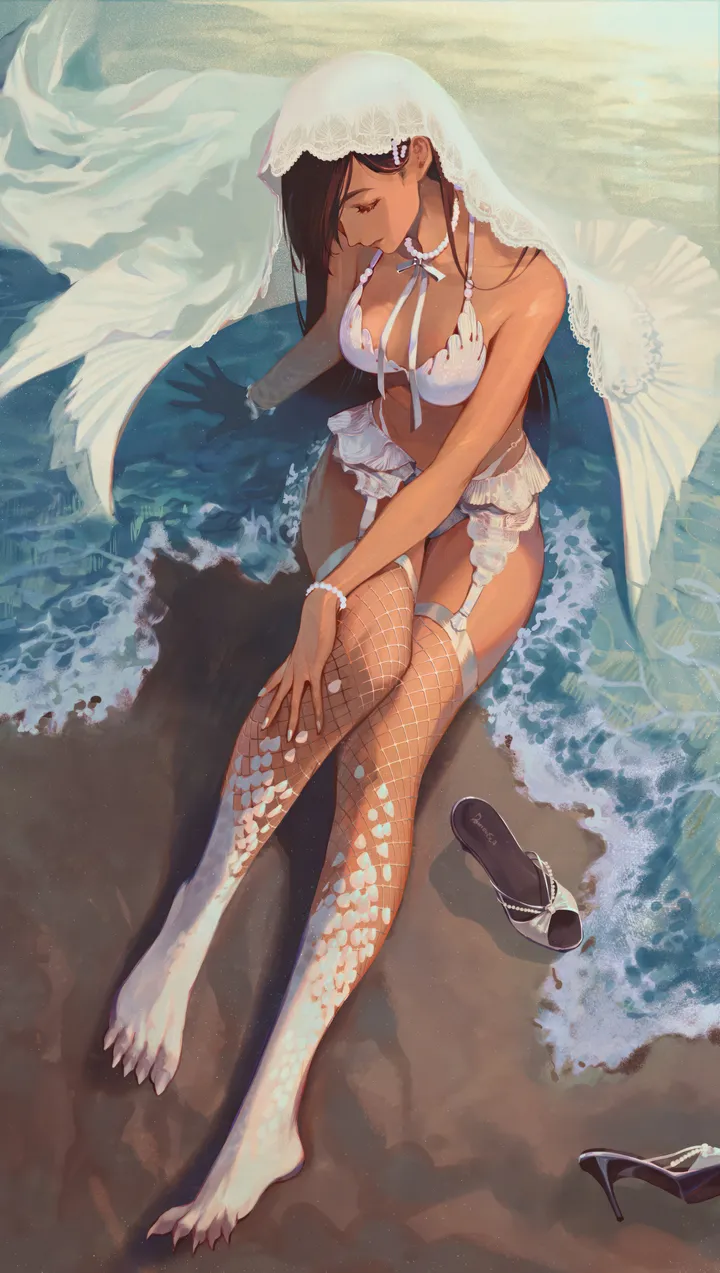 1girl,medium_breasts,breasts,cleavage,monster_girl,from_above,full_body,underwear,panties,solo,closed_eyes,garter_straps,garter_belt,closed_mouth,sitting,lingerie,bridal_veil,outdoors,bracelet,brown_hair,bikini,water,sand,waves,swimsuit,ocean,beach,dark_skin,fishnets,jewelry,day,white_panties,white_bikini,white_bra,vertical,bra,shoes_removed,thighhighs,long_hair,bare_shoulders,veil,shoes,choker,high_heels,fishnet_thighhighs,dark-skinned_female,black_hair