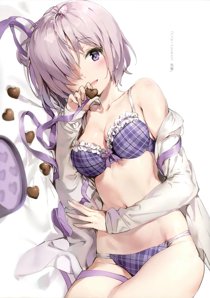 1girl,ribbon,medium_breasts,breasts,cleavage,on_side,underwear,panties,bangs,solo,hair_over_one_eye,chocolate,open_mouth,heart,heart-shaped_chocolate,valentine,holding,plaid,plaid_panties,plaid_bra,light_purple_hair,white_shirt,looking_at_viewer,short_hair,alternate_costume,vertical,smile,candy,purple_ribbon,purple_panties,purple_hair,purple_eyes,purple_bra,navel,bra,blush,frills,frilled_bra,shirt,open_clothes,open_shirt,lying,collarbone,long_sleeves,bare_shoulders,off_shoulder,food