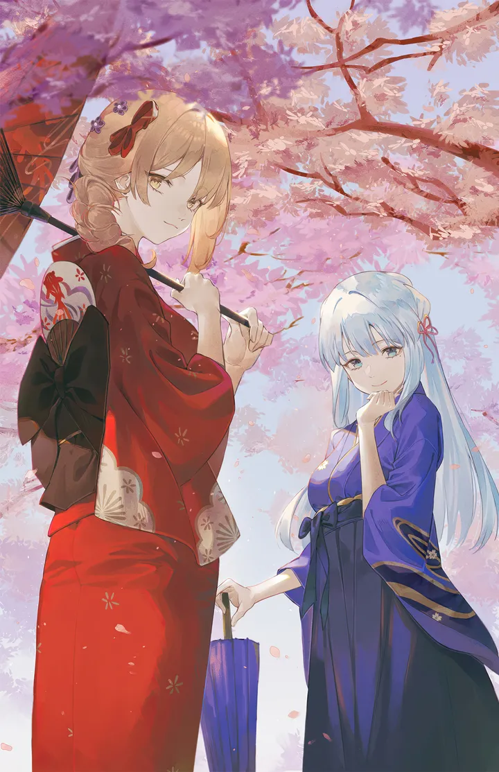 2girls,ribbon,breasts,bangs,tress_ribbon,kimono,obi,closed_mouth,multiple_girls,sky,hair_ribbon,hair_ornament,sidelocks,wide_sleeves,outdoors,holding,holding_umbrella,japanese_clothes,sash,tree,cherry_blossoms,oil-paper_umbrella,light_blue_hair,looking_at_viewer,skirt,alternate_costume,vertical,standing,smile,red_ribbon,red_kimono,petals,blue_kimono,blue_sky,blue_hair,blue_eyes,bow,hakama,blonde_hair,long_hair,long_sleeves,umbrella,alternate_hairstyle,yellow_eyes,black_bow