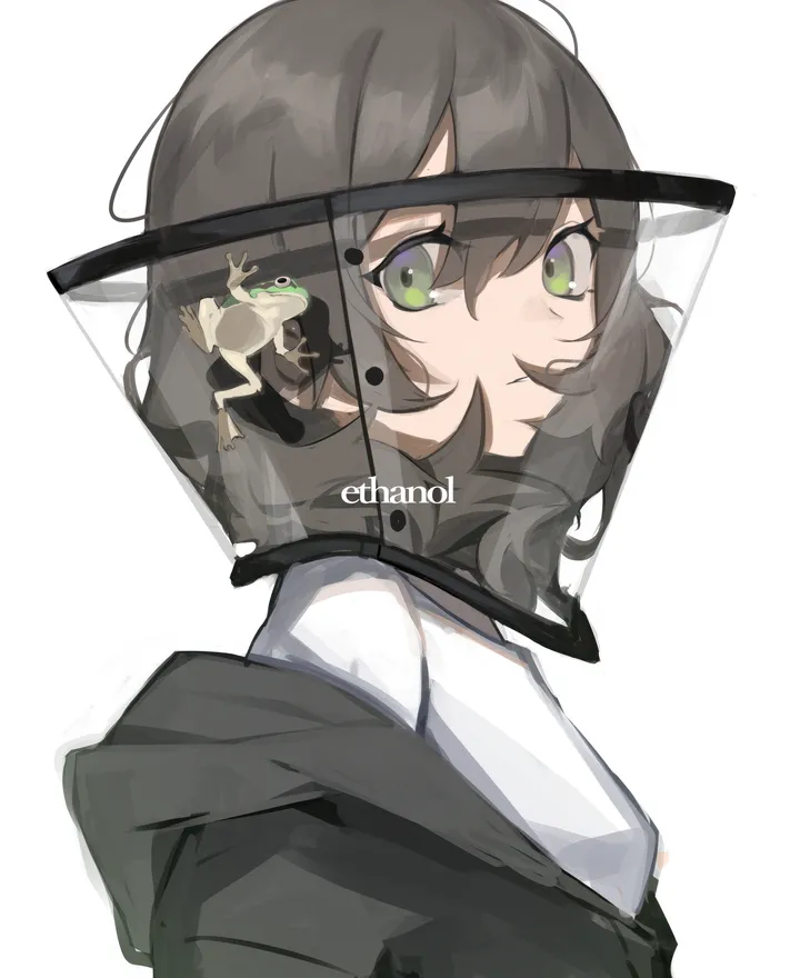 1girl,upper_body,artist_name,from_side,bangs,solo,jacket,hair_between_eyes,simple_background,brown_hair,white_background,white_shirt,looking_at_viewer,vertical,green_eyes,shirt,transparent,off_shoulder,frog,black_jacket