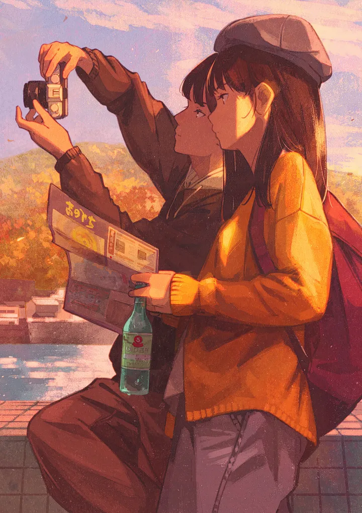 1girl,1boy,cloud,profile,bag,backpack,sky,jacket,hat,hetero,outdoors,holding_camera,holding,holding_bottle,brown_hair,brown_sweater,sweater,water_bottle,camera,bottle,day,vertical,shirt,pants,long_hair,long_sleeves,black_hair