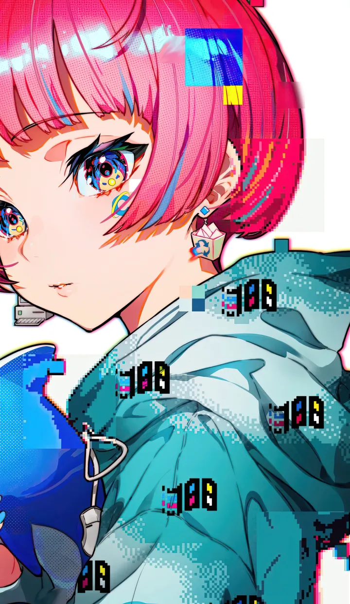 1girl,upper_body,hood,bangs,solo,multicolored_eyes,parted_lips,holding,simple_background,hood_down,jewelry,white_background,looking_at_viewer,short_hair,vertical,pink_hair,earrings,blue_eyes,hoodie