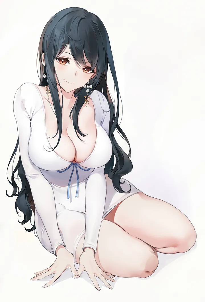 1girl,breasts,cleavage,bangs,solo,closed_mouth,sitting,thighs,simple_background,brown_eyes,jewelry,white_background,white_dress,looking_at_viewer,vertical,smile,earrings,blush,blue_ribbon,large_breasts,dress,collarbone,long_hair,long_sleeves,black_hair