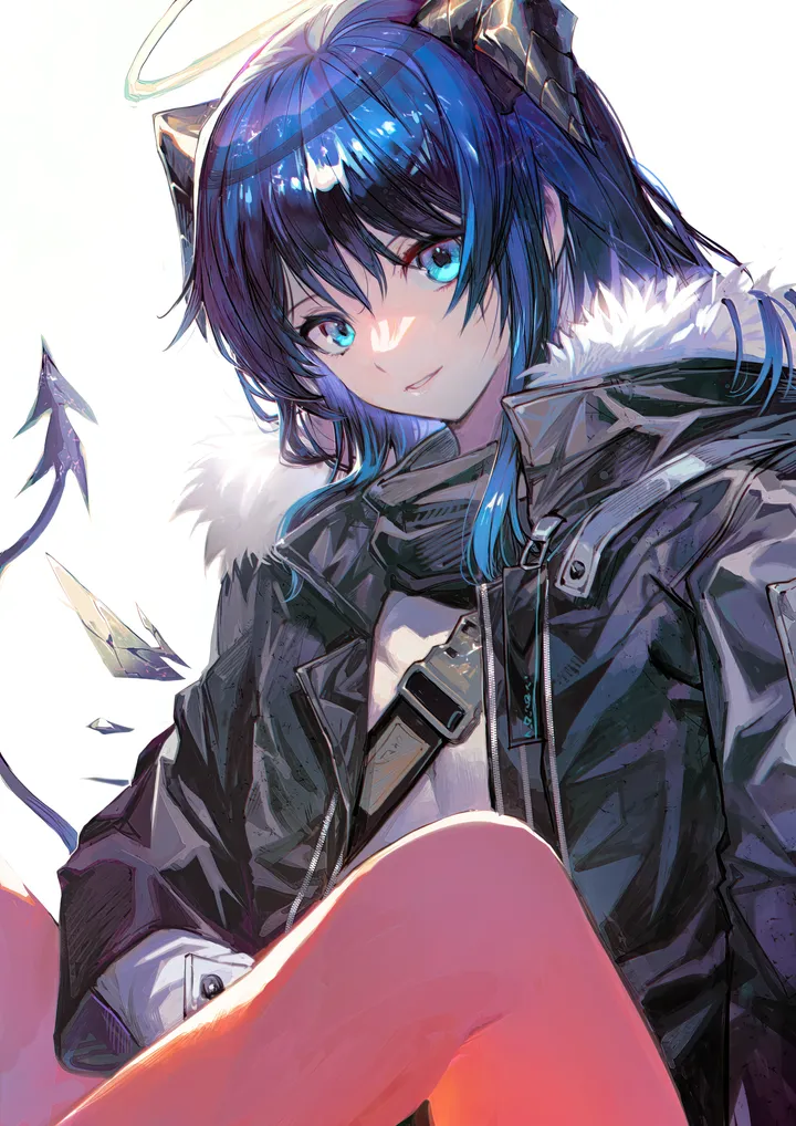 1girl,bangs,solo,sitting,halo,jacket,tail,parted_lips,demon_tail,demon_horns,simple_background,fur_trim,fur-trimmed_jacket,fur-trimmed_hood,white_background,white_shirt,looking_at_viewer,vertical,smile,wings,blue_hair,blue_eyes,shirt,horns,open_jacket,open_clothes,long_hair,long_sleeves,black_jacket