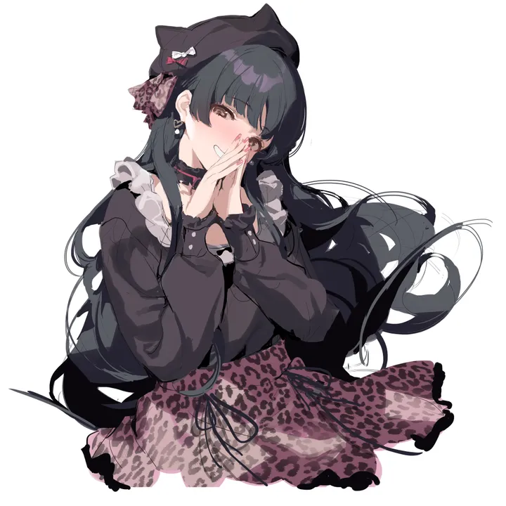 1girl,bangs,animal_print,solo,own_hands_together,hat,very_long_hair,heart,heart_earrings,nail_polish,simple_background,brown_eyes,jewelry,white_background,blunt_bangs,looking_at_viewer,skirt,vertical,smile,pink_nails,earrings,blush,frills,frilled_choker,bow,shirt,beret,long_hair,long_sleeves,grin,choker,black_hair,black_headwear,black_shirt