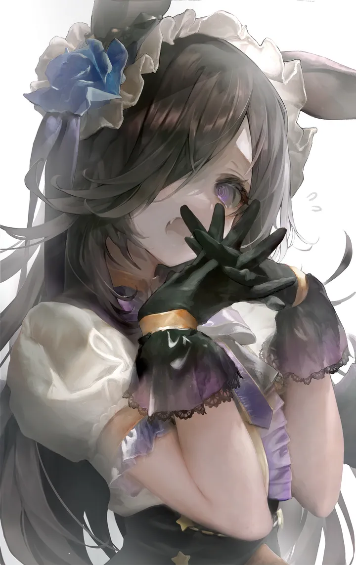 1girl,upper_body,animal_ears,bangs,solo,hands_up,own_hands_together,hairband,fangs,hair_flower,hair_ornament,hair_over_one_eye,official_alternate_costume,open_mouth,gloves,simple_background,flying_sweatdrops,rose,white_background,white_shirt,looking_at_viewer,short_sleeves,vertical,purple_eyes,wings,frills,frilled_hairband,blue_rose,blue_flower,puffy_short_sleeves,puffy_sleeves,fang,shirt,long_hair,horse_girl,horse_ears,flower,black_hair,black_gloves