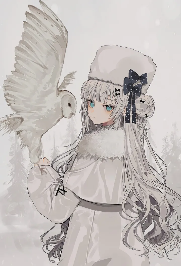 1girl,braid,bangs,animal,solo,closed_mouth,looking_back,hair_bun,coat,hair_ornament,hat,simple_background,fur_hat,fur_trim,white_coat,white_hair,white_headwear,white_background,looking_at_viewer,vertical,from_behind,blue_eyes,bow,hair_bow,long_hair,long_sleeves,bird,black_bow