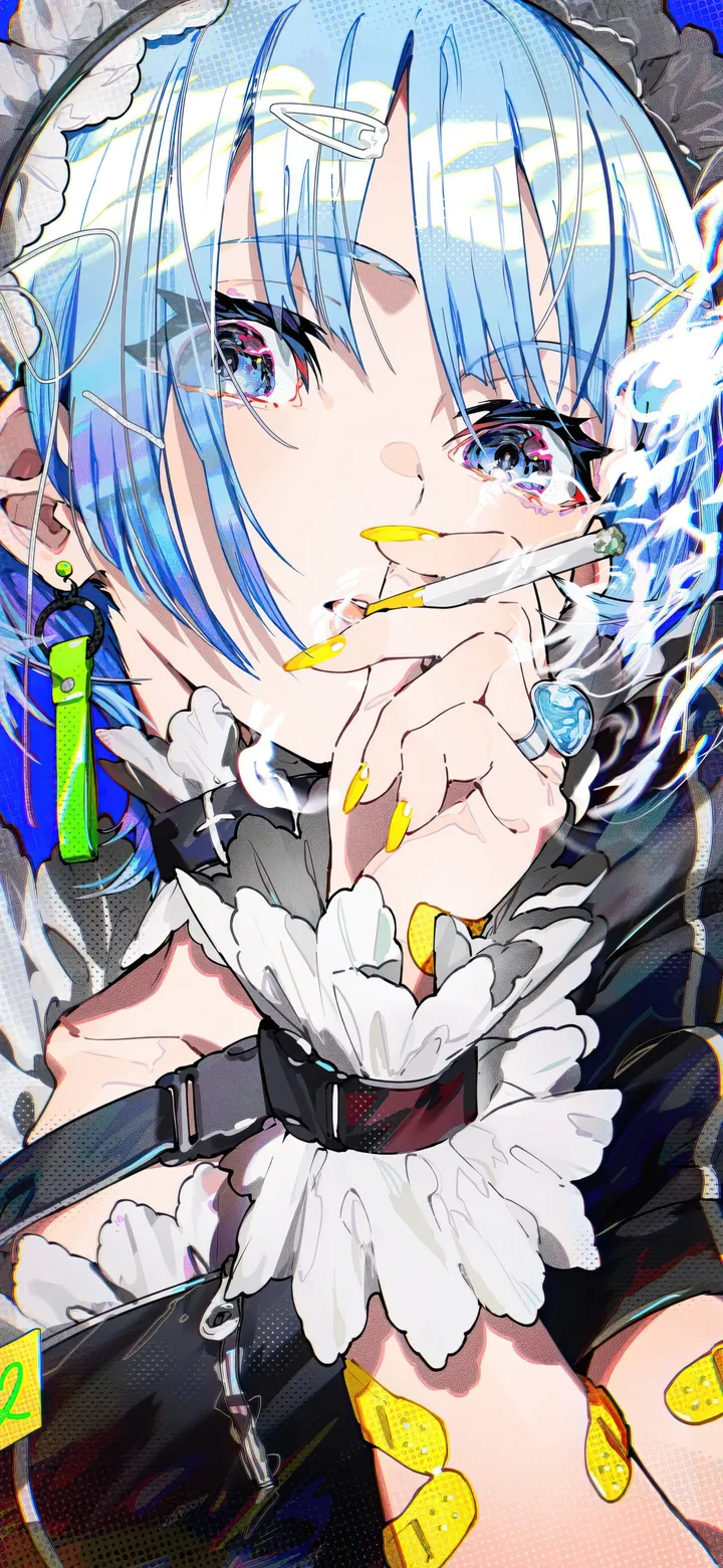 1girl,bangs,bandaid,solo,hairclip,smoking,hair_ornament,maid_headdress,holding_cigarette,holding,nail_polish,smoke,jewelry,looking_at_viewer,short_hair,vertical,wrist_cuffs,earrings,blue_hair,blue_eyes,collarbone,cigarette