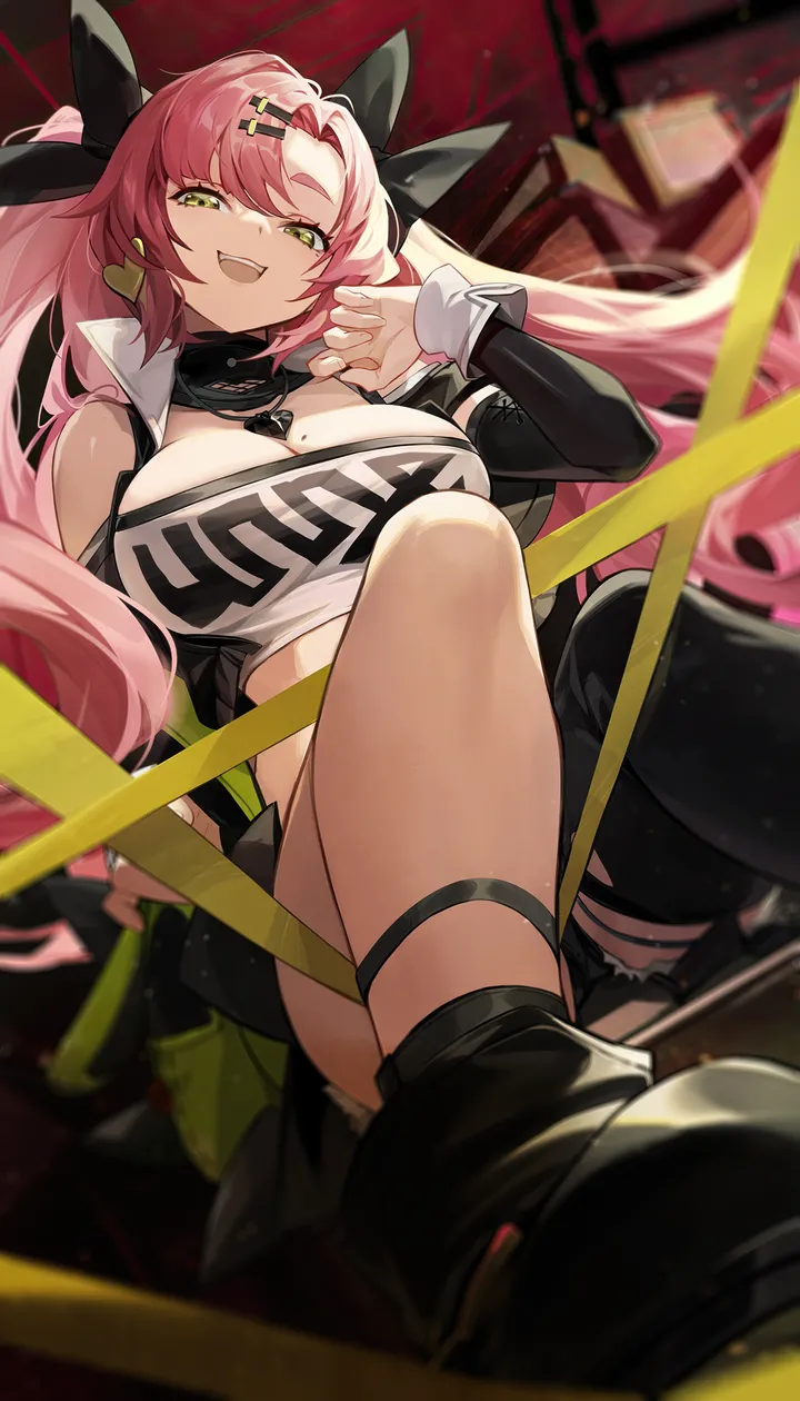 1girl,ribbon,breasts,mole_on_breast,cleavage,bangs,solo,single_thighhigh,hairclip,sitting,thighs,hair_ribbon,hair_ornament,two_side_up,open_mouth,very_long_hair,hand_up,strapless,mole_under_eye,jewelry,mole,looking_at_viewer,shorts,vertical,smile,pink_hair,green_eyes,tube_top,large_breasts,thighhighs,long_hair,long_sleeves,boots,midriff,bare_shoulders,shoulder_cutout,crop_top,yellow_eyes,black_ribbon,black_shorts,black_thighhighs,black_footwear