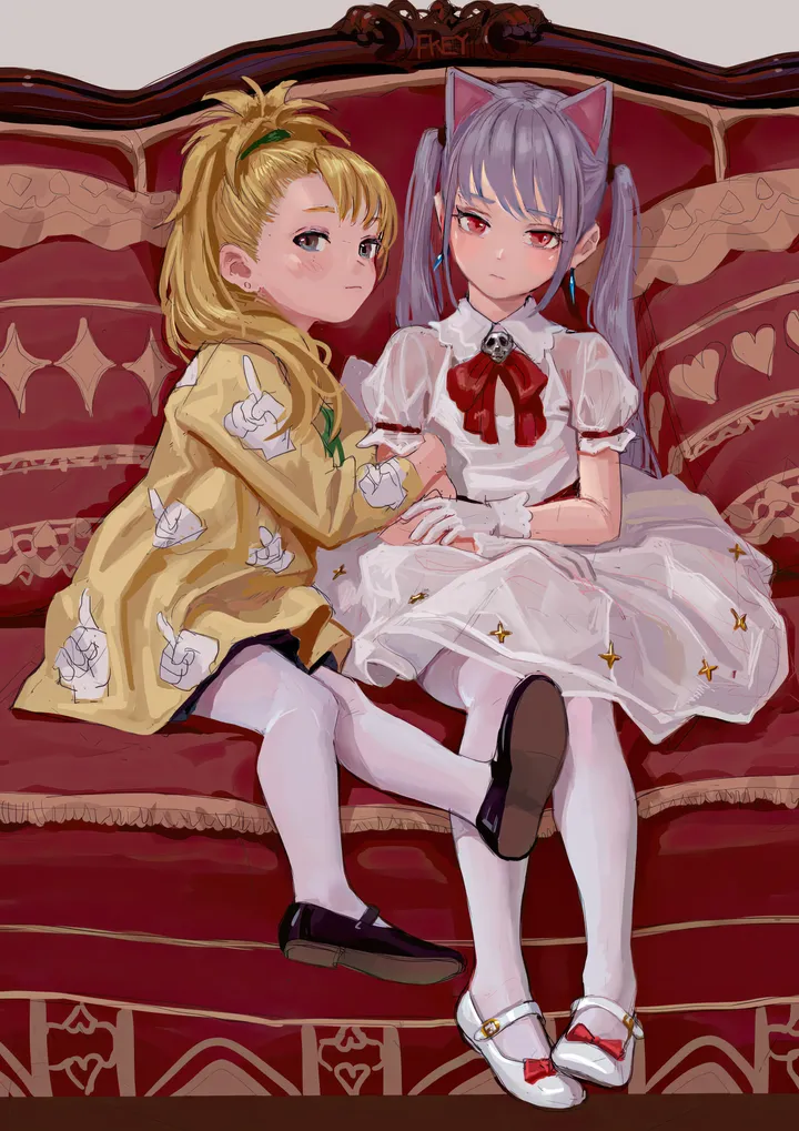 2girls,ribbon,artist_name,animal_ears,bangs,see-through,twintails,closed_mouth,sitting,multiple_girls,hair_ribbon,jacket,couch,grey_hair,cat_ears,mary_janes,white_gloves,white_dress,white_footwear,looking_at_viewer,short_sleeves,shorts,vertical,wrist_cuffs,footwear_bow,red_ribbon,red_eyes,red_bow,red_bowtie,blush,blue_eyes,puffy_short_sleeves,puffy_sleeves,bow,dress,pantyhose,blonde_hair,long_hair,shoes,bowtie,neck_ribbon,ponytail,yellow_jacket,black_footwear