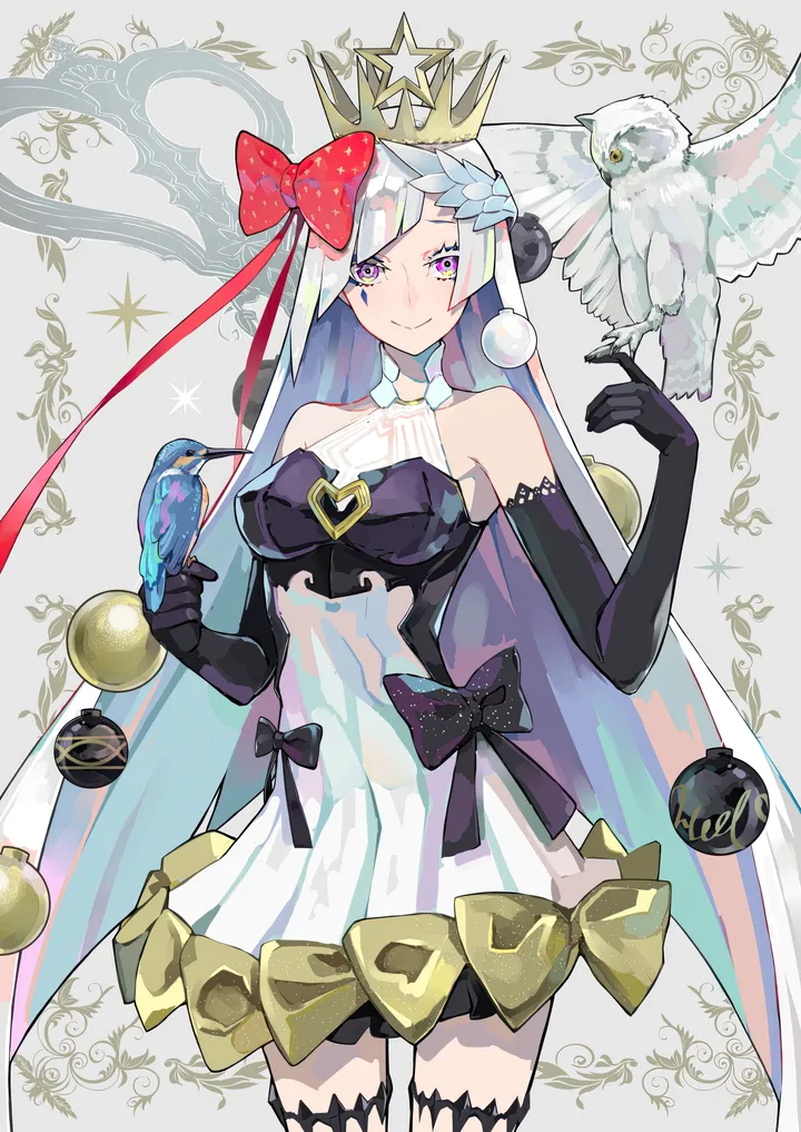 1girl,breasts,solo,very_long_hair,bird_on_hand,gloves,cup,white_hair,white_dress,crown,looking_at_viewer,vertical,smile,purple_eyes,red_bow,bow,hair_bow,thighhighs,dress,long_hair,elbow_gloves,bare_shoulders,bird,black_gloves