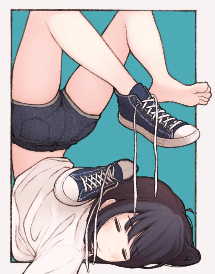 1girl,single_shoe,upside-down,bangs,solo,closed_eyes,legs,closed_mouth,ass,simple_background,denim,denim_shorts,white_shirt,shorts,vertical,short_shorts,feet,soles,toes,shoes_removed,blush,shirt,bare_legs,barefoot,sneakers,shoes,black_hair