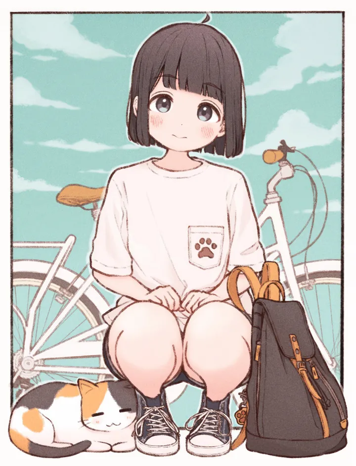 1girl,t-shirt,cloud,bangs,bag,solo,backpack,ahoge,closed_mouth,ground_vehicle,sky,outdoors,bob_cut,cat,day,white_shirt,blunt_bangs,looking_at_viewer,short_hair,short_sleeves,shorts,vertical,smile,blush,bicycle,blue_sky,shirt,socks,squatting,sneakers,shoes,black_hair,black_eyes,black_shorts,black_footwear