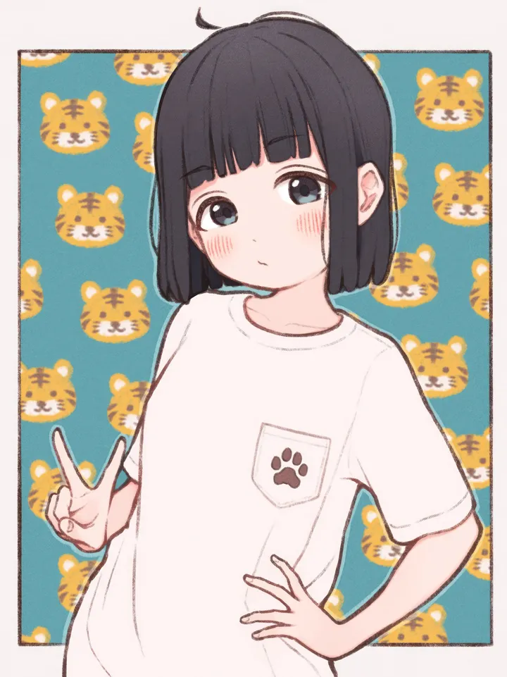 1girl,t-shirt,upper_body,bangs,animal_print,solo,hand_on_hip,ahoge,closed_mouth,v,bob_cut,paw_print,white_shirt,blunt_bangs,looking_at_viewer,short_hair,short_sleeves,vertical,blush,blue_eyes,shirt,black_hair