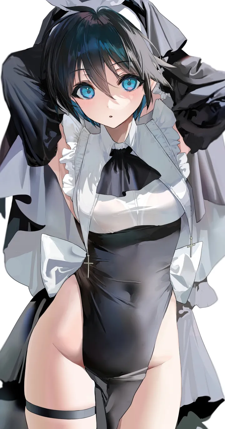 1girl,cowboy_shot,no_panties,detached_sleeves,ribbon,arms_up,breasts,nun,habit,bangs,solo,arms_behind_head,multicolored_hair,thigh_strap,hair_between_eyes,parted_lips,pelvic_curtain,simple_background,gradient_hair,white_background,white_bow,looking_at_viewer,short_hair,vertical,groin,armpits,frills,blue_hair,blue_eyes,bow,dress,long_sleeves,covered_navel,ascot,black_hair,black_dress