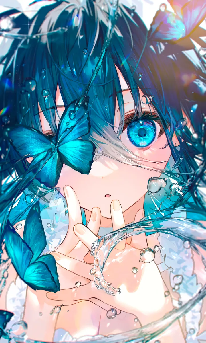 1girl,one_eye_covered,breasts,cleavage,upper_body,bangs,interlocked_fingers,solo,hands_up,own_hands_together,multicolored_hair,hair_between_eyes,parted_lips,water,water_drop,white_choker,looking_at_viewer,vertical,blue_hair,blue_eyes,blue_butterfly,bug,butterfly,long_hair,choker