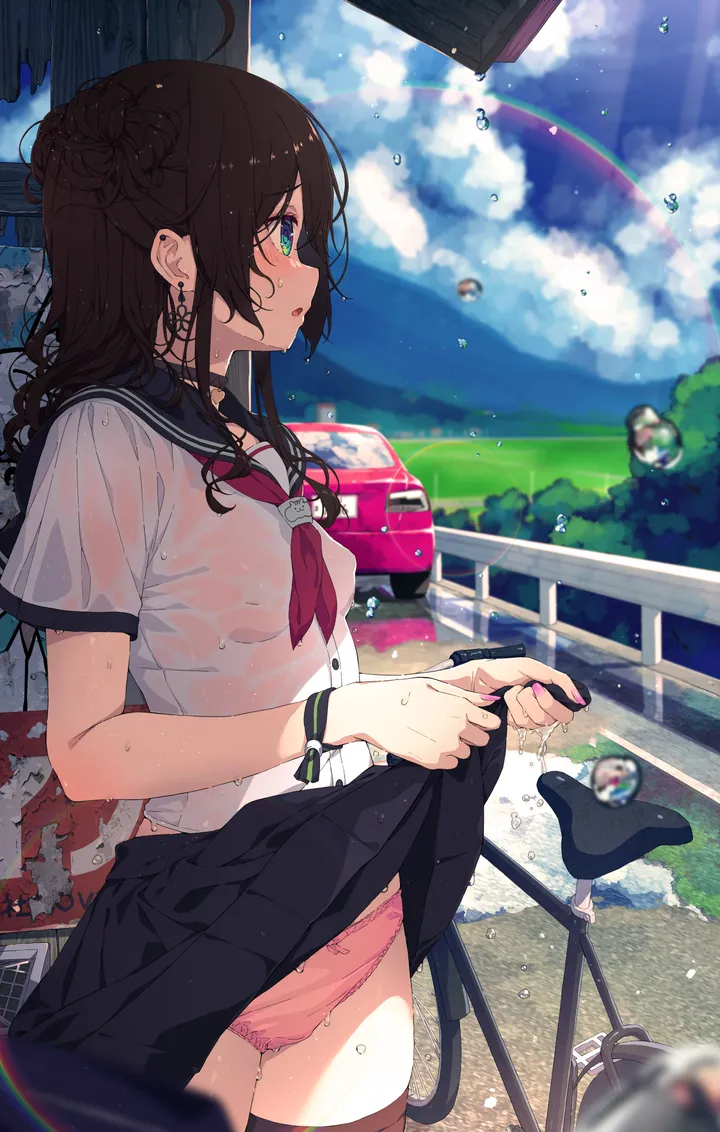 1girl,cowboy_shot,braid,neckerchief,breasts,cloud,underwear,panties,bangs,see-through,solo,ahoge,hair_bun,ground_vehicle,cloudy_sky,sky,skirt_lift,open_mouth,rainbow,parted_lips,outdoors,wristwatch,nail_polish,lifted_by_self,clothes_lift,school_uniform,brown_hair,blurry,serafuku,sailor_collar,water_drop,jewelry,day,white_shirt,pleated_skirt,short_sleeves,skirt,looking_away,vertical,standing,pink_panties,red_neckerchief,green_eyes,earrings,blush,watch,blue_eyes,shirt,wet_hair,wet_clothes,wet,small_breasts,thighhighs,long_hair,rain,black_sailor_collar,black_skirt,black_thighhighs