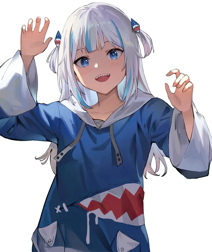 1girl,virtual_youtuber,upper_body,hood,bangs,solo,claw_pose,multicolored_hair,hair_ornament,wide_sleeves,two_side_up,open_mouth,streaked_hair,simple_background,hood_down,grey_hair,teeth,white_background,blunt_bangs,looking_at_viewer,vertical,smile,blush,blue_hair,blue_eyes,blue_hoodie,drawstring,hoodie,collarbone,long_hair,long_sleeves,shark_hair_ornament,sharp_teeth