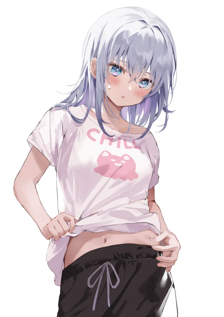 1girl,t-shirt,cowboy_shot,breasts,bangs,solo,hair_between_eyes,parted_lips,lifted_by_self,clothes_lift,simple_background,sweatdrop,grey_hair,white_hair,white_background,white_shirt,looking_at_viewer,short_sleeves,shorts,vertical,navel,blush,blue_eyes,shirt,shirt_lift,pants,collarbone,long_hair,black_shorts,black_pants