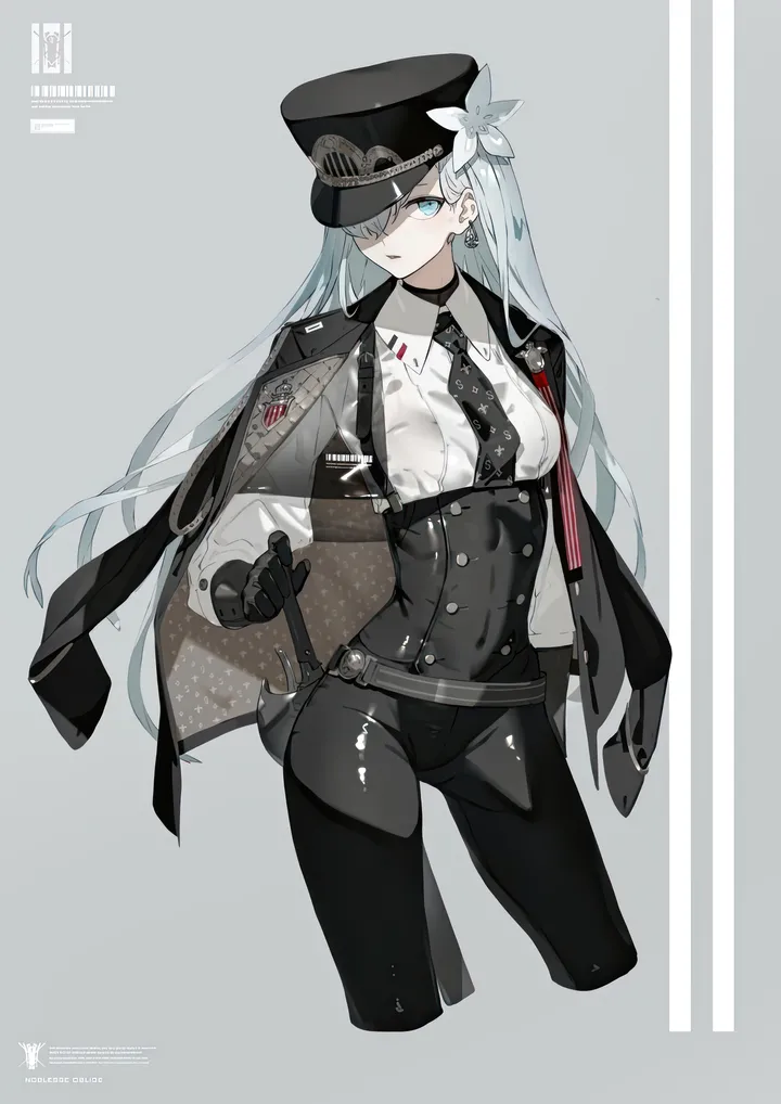 1girl,military,military_hat,military_uniform,uniform,sword,cropped_legs,solo,hair_flower,hair_ornament,hair_over_one_eye,jacket,hat,gloves,collared_shirt,simple_background,weapon,jewelry,jacket_on_shoulders,white_hair,white_background,white_shirt,belt,looking_at_viewer,vertical,earrings,blue_eyes,shirt,pants,long_hair,long_sleeves,choker,necktie,flower,black_headwear,black_gloves,black_pants,black_necktie