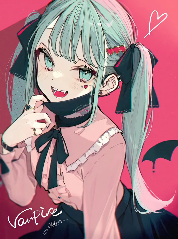 1girl,mask_pull,ribbon,bangs,solo,twintails,mouth_mask,character_name,jirai_kei,multiple_rings,fangs,hair_ribbon,hair_ornament,open_mouth,heart,heart_hair_ornament,ring,wristwatch,collared_shirt,simple_background,aqua_hair,aqua_eyes,jewelry,looking_at_viewer,skirt,piercing,ear_piercing,vertical,smile,signature,pink_background,pink_shirt,red_background,wings,earrings,center_frills,blush,watch,frills,frilled_shirt,bow,shirt,long_hair,long_sleeves,mask,black_ribbon,black_mask,black_nails,black_skirt