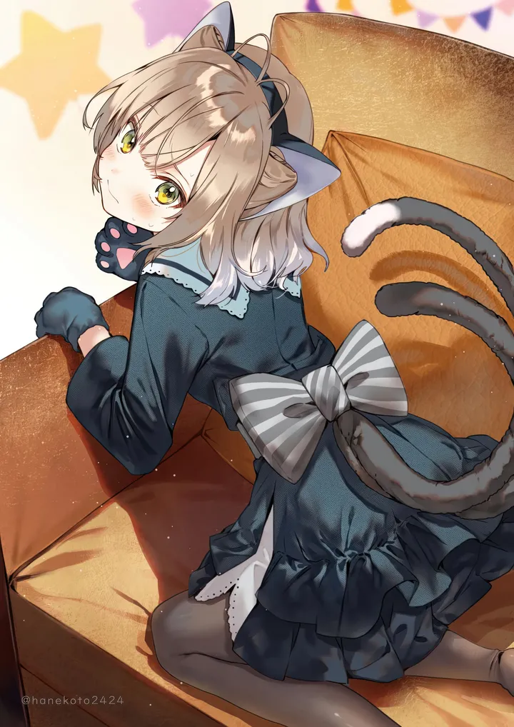 1girl,medium_hair,paw_gloves,animal_ears,bangs,animal_hands,solo,closed_mouth,looking_back,on_couch,multiple_tails,multicolored_hair,tail,gloves,star_symbol,striped,striped_bow,brown_hair,couch,grey_bow,cat_girl,cat_tail,cat_ears,looking_at_viewer,vertical,back_bow,from_behind,blush,bow,kneeling,dress,pantyhose,long_sleeves,yellow_eyes,black_dress,black_pantyhose