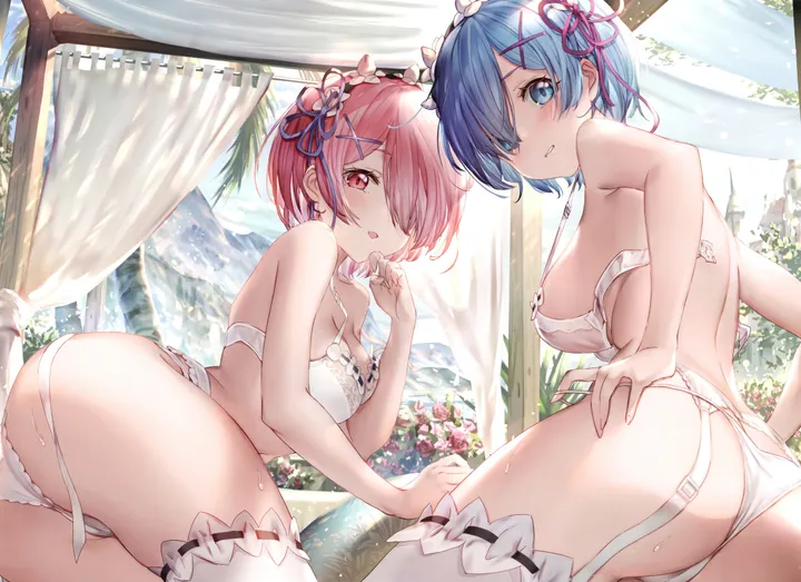 2girls,x_hair_ornament,ribbon,medium_breasts,breasts,underwear_only,sideboob,underwear,panties,bangs,twins,garter_belt,tongue_out,looking_back,multiple_girls,siblings,thighs,hair_ribbon,hair_ornament,hair_over_one_eye,lingerie,sisters,indoors,ass,open_mouth,parted_lips,horizontal,sweat,day,white_panties,white_bra,looking_at_viewer,short_hair,window,curtains,smile,pink_ribbon,pink_hair,pink_eyes,red_eyes,flower_knot,bra,blush,tongue,blue_hair,blue_eyes,large_breasts,thighhighs,bare_shoulders,flower