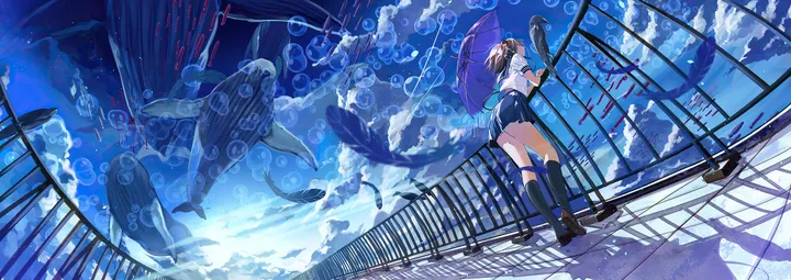 1girl,loafers,cloud,from_below,panties,animal,solo,kneehighs,sky,holding,holding_umbrella,railing,school_uniform,horizontal,serafuku,jellyfish,bubble,white_shirt,pleated_skirt,short_sleeves,skirt,standing,blue_umbrella,shirt,socks,surreal,umbrella,shoes,scenery,fish,whale,bird,black_hair,black_skirt