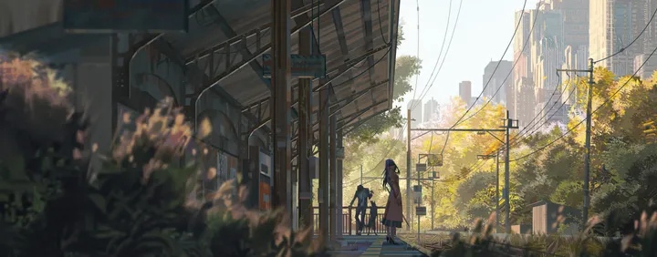 1girl,sign,blurry_foreground,bag,city,multiple_girls,building,outdoors,depth_of_field,tree,plant,blurry,horizontal,power_lines,day,skirt,standing,long_hair,scenery,black_hair