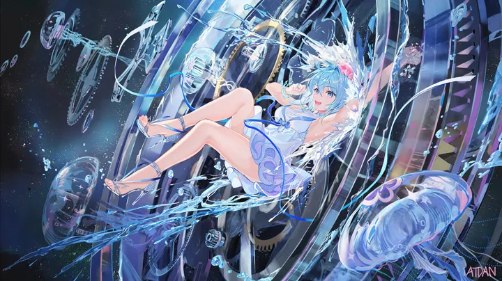 1girl,medium_breasts,arm_up,breasts,sideboob,full_body,bangs,solo,legs,hair_flower,hair_ornament,open_mouth,sleeveless,sleeveless_dress,horizontal,water,jellyfish,white_dress,looking_at_viewer,smile,armpits,blue_hair,blue_eyes,bare_legs,dress,long_hair,high_heels,flower