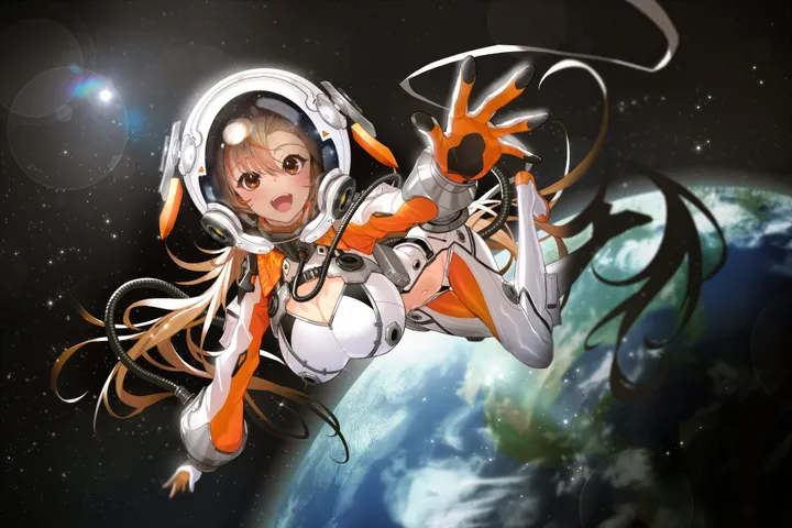 1girl,breasts,cleavage,upper_teeth_only,full_body,bangs,solo,reaching_towards_viewer,earth_planet,space_helmet,helmet,space,astronaut,spacesuit,hair_between_eyes,open_mouth,very_long_hair,gloves,brown_hair,brown_eyes,horizontal,teeth,looking_at_viewer,smile,navel,blush,planet,clothing_cutout,large_breasts,bodysuit,lens_flare,long_hair