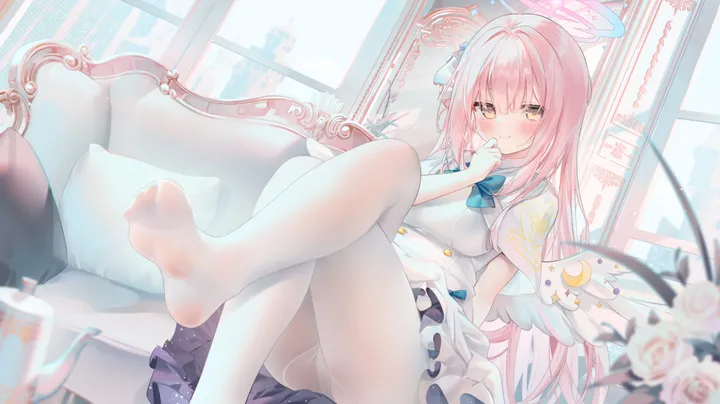 1girl,foot_out_of_frame,breasts,crossed_legs,underwear,panties,bangs,solo,legs,closed_mouth,hair_bun,sitting,halo,angel_wings,single_side_bun,hair_ornament,indoors,capelet,very_long_hair,finger_to_mouth,cup,pillow,horizontal,couch,no_shoes,white_wings,white_dress,white_pantyhose,looking_at_viewer,pink_hair,wings,feet,soles,toes,blush,frills,frilled_dress,blue_bow,bow,dress,pantyhose,long_hair,bowtie,flower,yellow_eyes