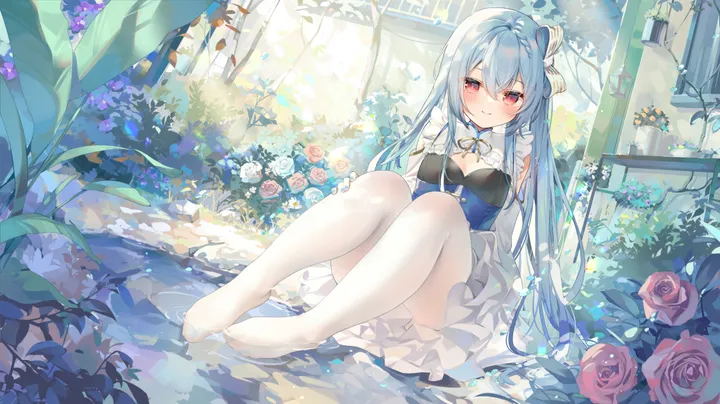 1girl,breasts,full_body,bangs,solo,closed_mouth,sitting,hair_between_eyes,very_long_hair,plant,horizontal,water,no_shoes,rose,white_pantyhose,looking_at_viewer,smile,red_eyes,red_flower,feet,blush,frills,blue_hair,small_breasts,dress,pantyhose,long_hair,flower