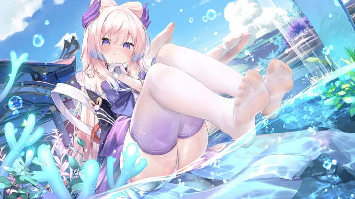 1girl,underwear,panties,bangs,solo,legs,closed_mouth,sitting,multicolored_hair,thighs,sky,outdoors,gloves,horizontal,water,no_shoes,bubble,gradient_hair,foot_focus,day,white_panties,white_gloves,white_thighhighs,looking_at_viewer,smile,pink_hair,purple_eyes,feet,soles,toes,blush,blue_sky,bow-shaped_hair,thighhighs,long_hair,bare_shoulders