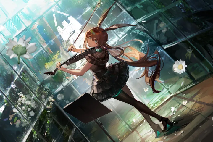 1girl,instrument,dutch_angle,rabbit_girl,rabbit_ears,full_body,animal_ears,bangs,solo,sidelocks,violin,hair_between_eyes,very_long_hair,holding_instrument,holding,brown_hair,horizontal,playing_instrument,jewelry,bow_music,white_flower,looking_at_viewer,alternate_costume,standing,frills,blue_eyes,dress,pantyhose,long_hair,music,floating_hair,ponytail,high_heels,flower,black_dress,black_pantyhose,black_footwear