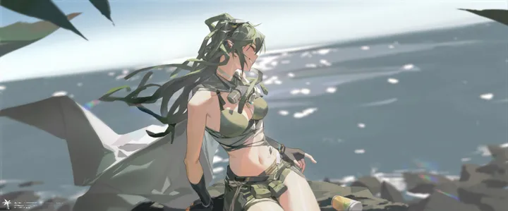 1girl,breasts,cleavage,solo,sitting,pointy_ears,official_alternate_costume,stomach,outdoors,gloves,goggles,cape,fingerless_gloves,horizontal,bikini,swimsuit,day,shorts,short_shorts,green_hair,green_bikini,green_shorts,navel,large_breasts,long_hair,midriff,bare_shoulders,mask,mask_around_neck,ponytail,yellow_eyes,black_gloves