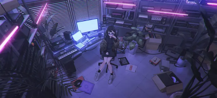 1girl,book,desk,bangs,solo,sitting,jacket,indoors,wide_shot,phone,holding,monitor,cup,chair,plant,horizontal,tiles,tile_floor,keyboard_computer,white_footwear,blinds,potted_plant,looking_at_viewer,short_hair,laptop,box,cardboard_box,computer,sneakers,long_sleeves,shoes,speaker,scenery,mug,black_hair,black_jacket