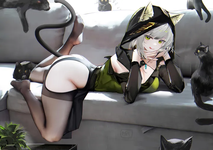 1girl,detached_sleeves,breasts,cleavage,hood,animal_ears,bangs,animal,solo,tongue_out,on_couch,thighs,official_alternate_costume,tail,ass,hood_up,plant,horizontal,couch,no_shoes,grey_hair,cat,cat_girl,cat_tail,cat_ears,cat_hood,jewelry,looking_at_viewer,short_hair,smile,green_eyes,green_dress,animal_ear_fluff,feet,tongue,on_stomach,lying,large_breasts,thighhighs,dress,black_cat,black_thighhighs